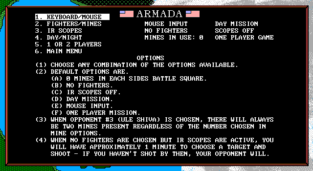 Armada IBM PC/Compatibles Screenshot: Game options menu.