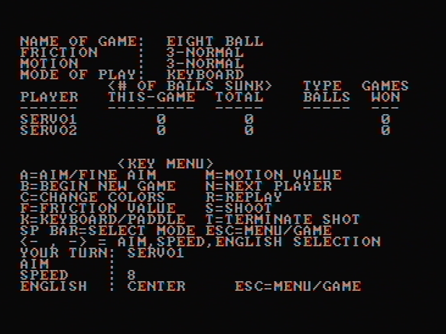 Rack 'em Up IBM PC/Compatibles Screenshot: Game menu and instructions.