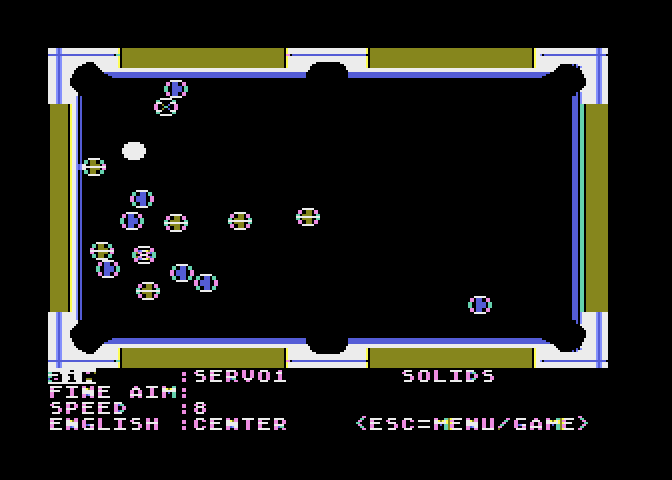 Rack 'em Up Atari 8-bit Screenshot: Aiming my next shot...