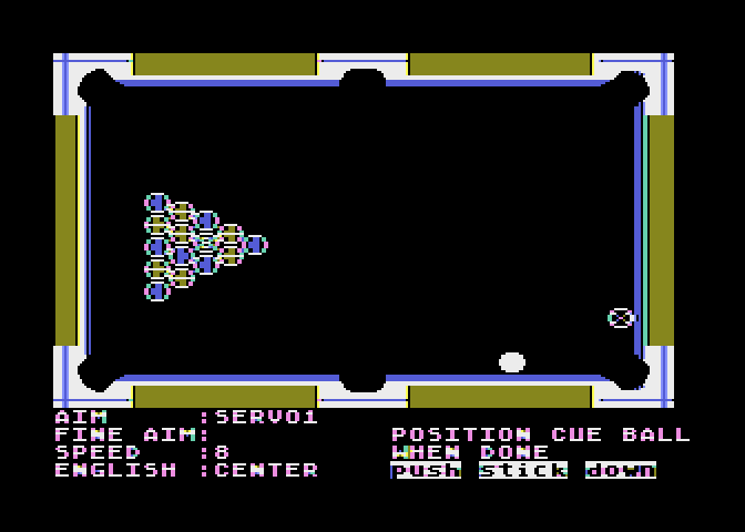 Rack 'em Up Atari 8-bit Screenshot: Positioning the cue ball to break.