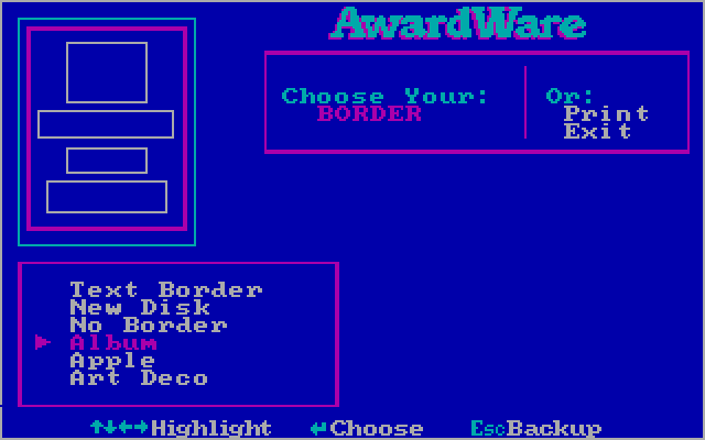 AwardWare IBM PC/Compatibles Screenshot: Selecting a border.
