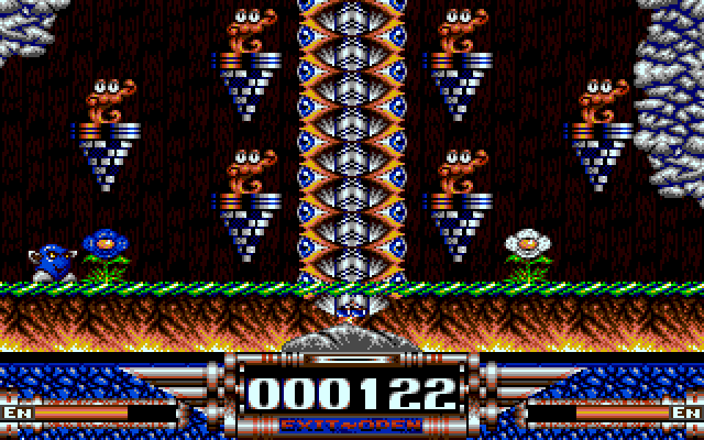 Demon Blue IBM PC/Compatibles Screenshot: I'll need to jump on the platforms to get over this wall.