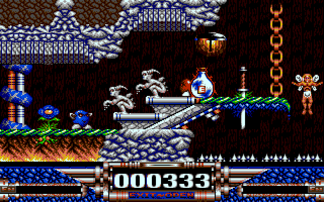 Demon Blue IBM PC/Compatibles Screenshot: The glowing "E" restores your energy.