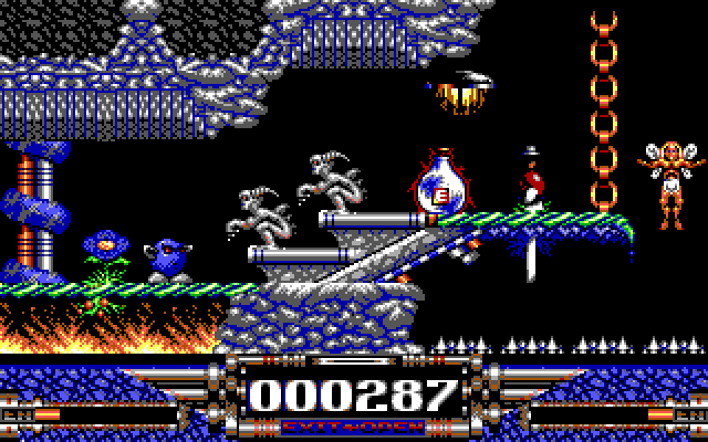 Demon Blue IBM PC/Compatibles Screenshot: The glowing "E" restores your energy.