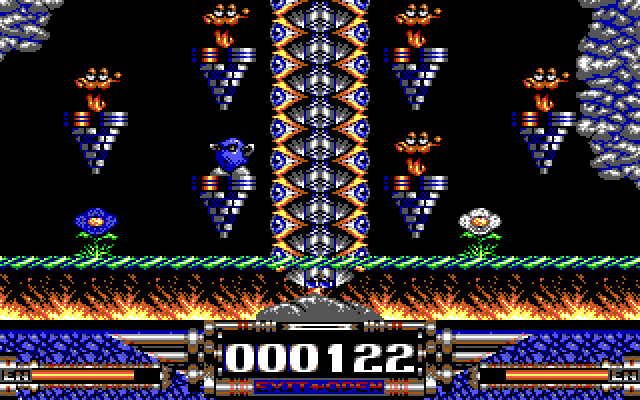 Demon Blue IBM PC/Compatibles Screenshot: Jump on the platforms to get over this wall...