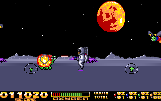Space Vegetables IBM PC/Compatibles Screenshot: Shooting the creatures that try to eat your vegetables.