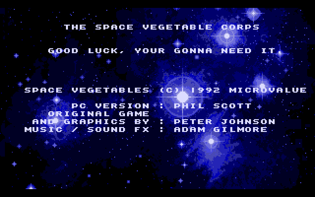 Space Vegetables IBM PC/Compatibles Screenshot: Good luck, and game credits...