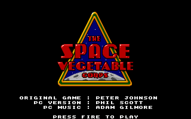 Space Vegetables IBM PC/Compatibles Screenshot: Press the fire button to start the game.