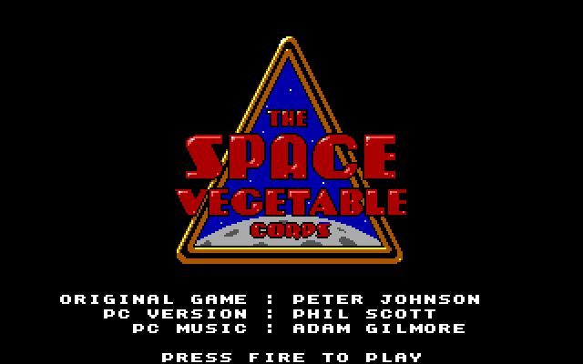 Space Vegetables IBM PC/Compatibles Screenshot: Title screen; press the fire button to play the game.