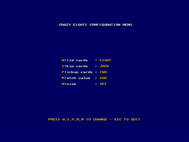 Crazy Eights IBM PC/Compatibles Screenshot: Configuration menu.