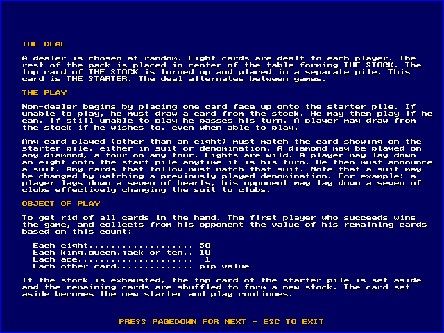 Crazy Eights IBM PC/Compatibles Screenshot: How to play Crazy Eights, part one.