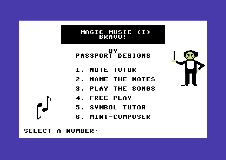 Bravo! Magic Music Series / Level 1 Commodore 64 Screenshot: The main menu.