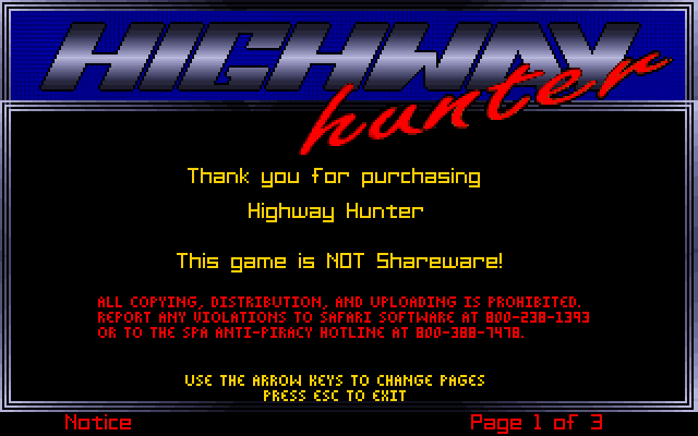 Highway Hunter IBM PC/Compatibles Screenshot: Information on ordering more episodes.