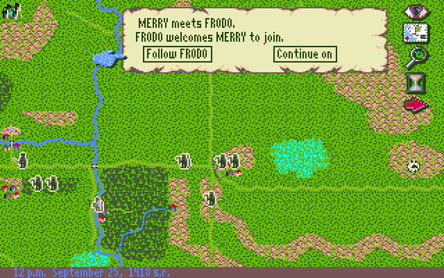 J.R.R. Tolkien's War in Middle Earth IBM PC/Compatibles Screenshot: Continue following Frodo, or split up?