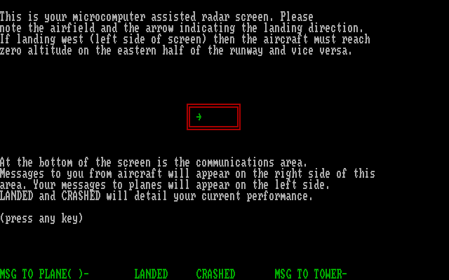 Air Traffic Controller IBM PC/Compatibles Screenshot: Game instructions, part 1.