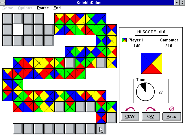 KaleidoKubes Windows 3.x Screenshot: The game becomes more difficult as the board fills up.