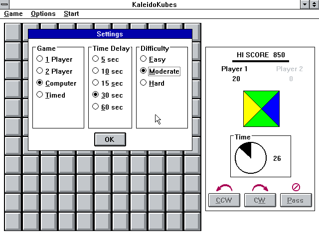 KaleidoKubes Windows 3.x Screenshot: Selecting some game options.