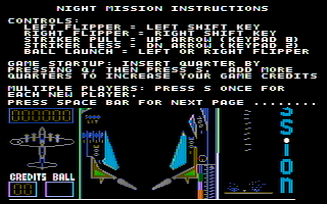 Night Mission Pinball IBM PC/Compatibles Screenshot: Instructions.