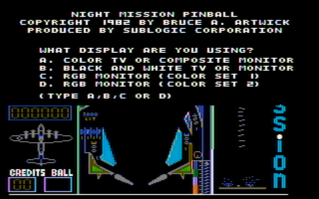 Night Mission Pinball IBM PC/Compatibles Screenshot: Title screen and monitor selection screen.