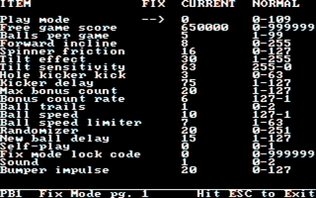 Night Mission Pinball IBM PC/Compatibles Screenshot: Game options.