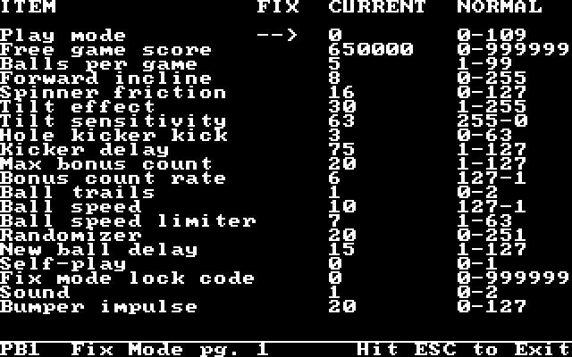 Night Mission Pinball IBM PC/Compatibles Screenshot: Game settings.