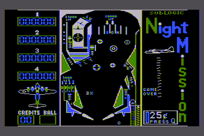 Night Mission Pinball Atari 8-bit Screenshot: Starting screen; insert quarters to begin!