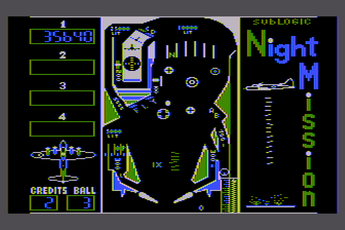 Night Mission Pinball Atari 8-bit Screenshot: Pinball in progress!