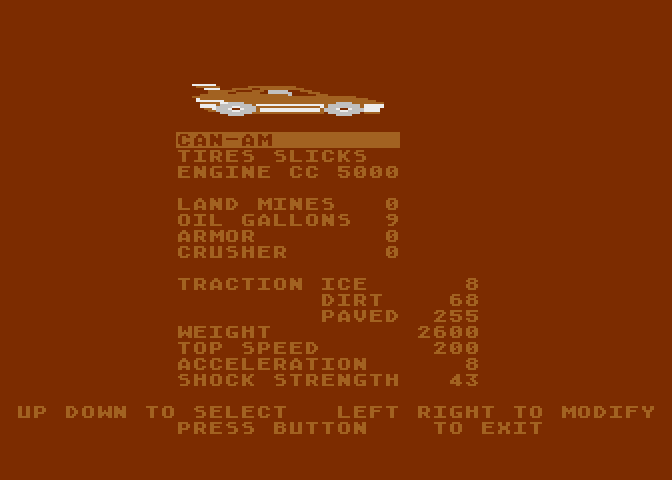 Racing Destruction Set Atari 8-bit Screenshot: The red car settings...