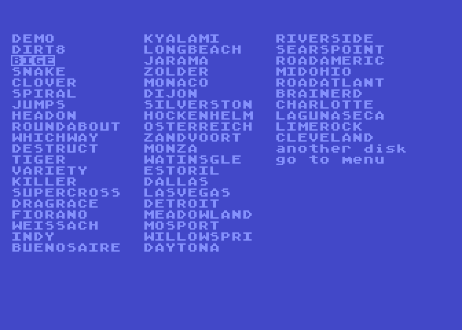 Racing Destruction Set Atari 8-bit Screenshot: A list of included tracks.