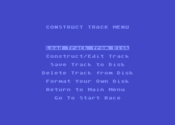 Racing Destruction Set Atari 8-bit Screenshot: Track construction menu.