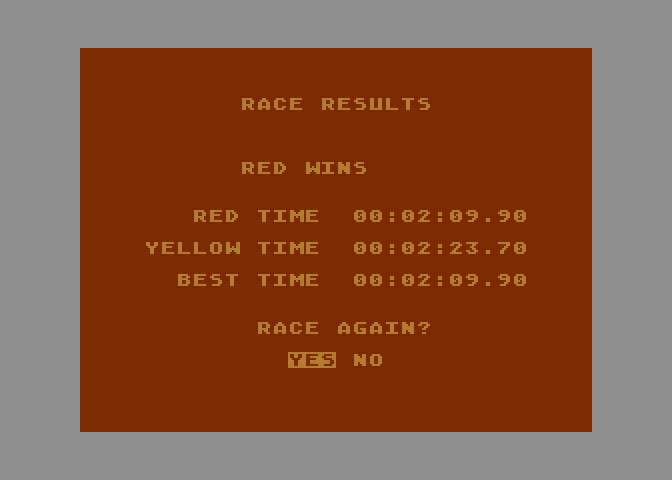 Racing Destruction Set Atari 8-bit Screenshot: The red car wins!
