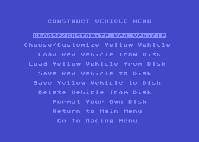 Racing Destruction Set Atari 8-bit Screenshot: Vehicle construction menu.