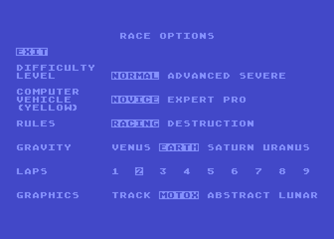 Racing Destruction Set Atari 8-bit Screenshot: Race options.