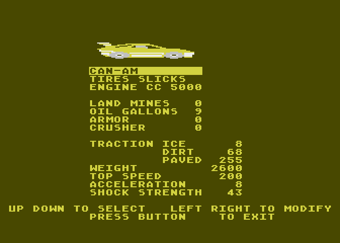 Racing Destruction Set Atari 8-bit Screenshot: The yellow car settings...