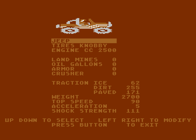 Racing Destruction Set Atari 8-bit Screenshot: Care to race in a jeep?