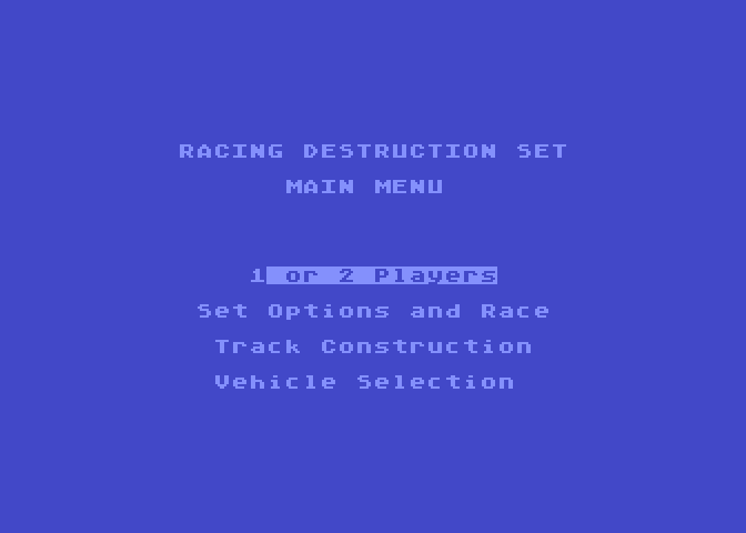 Racing Destruction Set Atari 8-bit Screenshot: The main menu.