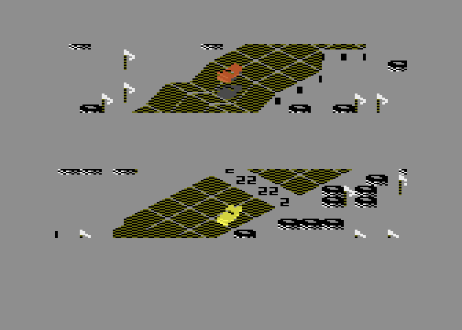Racing Destruction Set Atari 8-bit Screenshot: Yellow car about the complete the 2nd lap.