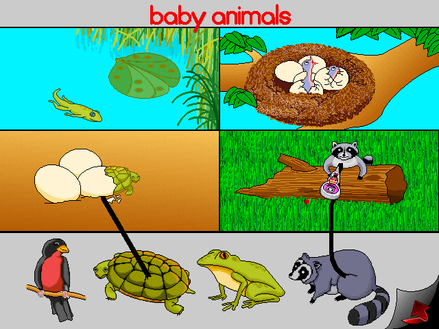 Bill Cosby's Picture Pages: Numbers and Shapes IBM PC/Compatibles Screenshot: Draw lines to match up animals to their mini-me's.