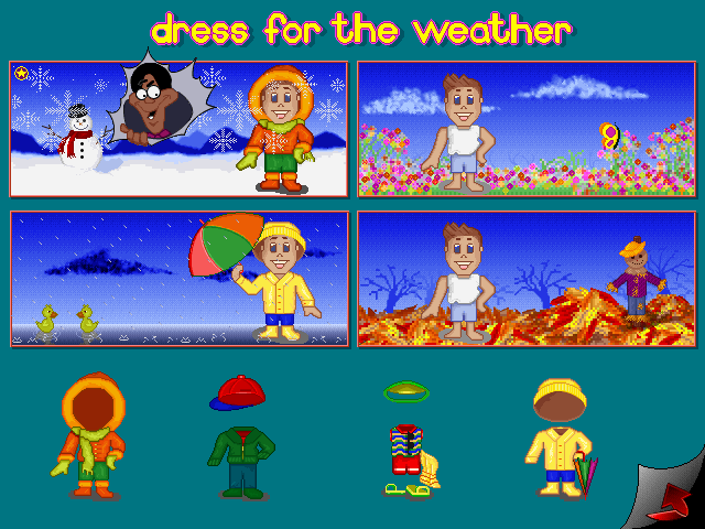Bill Cosby's Picture Pages: Numbers and Shapes IBM PC/Compatibles Screenshot: Matching the appropriate clothes for different types of weather.