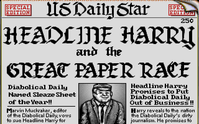 Headline Harry and The Great Paper Race IBM PC/Compatibles Screenshot: Title screen.