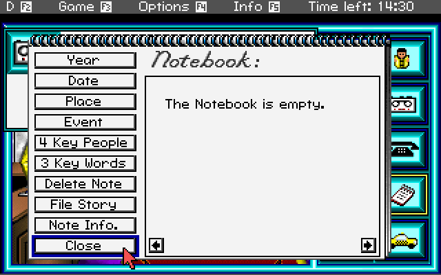 Headline Harry and The Great Paper Race IBM PC/Compatibles Screenshot: You can keep track of things in your notebook.