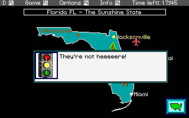 Headline Harry and The Great Paper Race IBM PC/Compatibles Screenshot: Here's what happens when you fly to the wrong location.