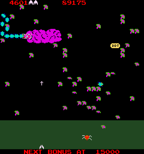 Millipede Arcade Screenshot: Shoot the DDT to try to blow up the millipede.