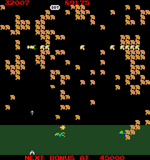 Millipede Arcade Screenshot: Like the scorpions in Centipede, earwigs poison the mushrooms...