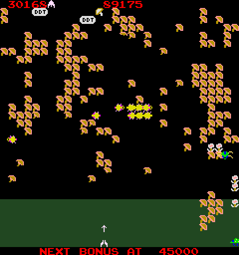 Millipede Arcade Screenshot: If the beetle touches a mushroom it turns into an indestructible flower.