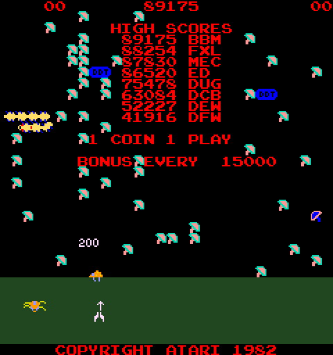 Millipede Arcade Screenshot: Game attract mode.