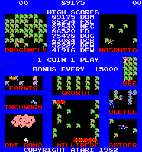 Millipede Arcade Screenshot: Game attract mode; the opponents in the game.