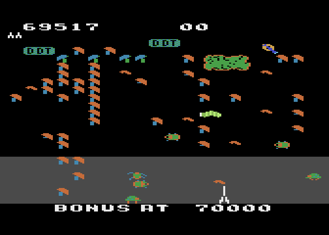 Millipede Atari 8-bit Screenshot: Shooting the inchworm to temporarily slow down the game...