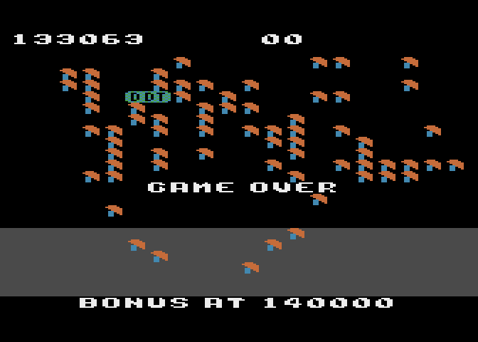 Millipede Atari 8-bit Screenshot: Game over.