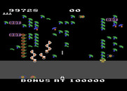 Millipede for Atari 8-bit - Millipede segments that touch a poisoned mushroom change color and head straight to the bottom of the screen.